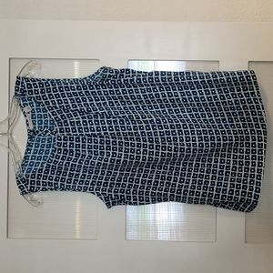 Halogen sleeveless teal and white patterned top with pleated neckline